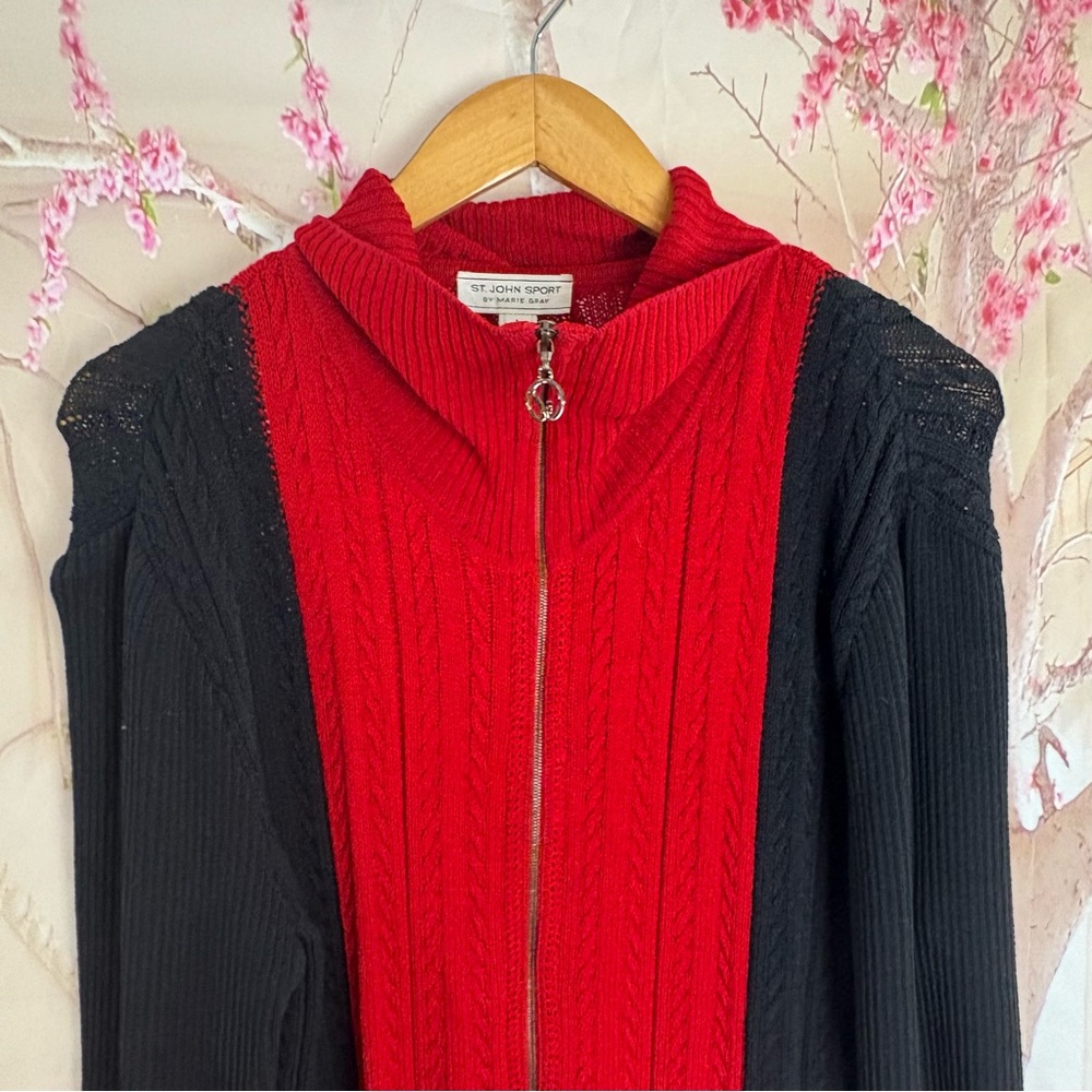 St. John Sport Black and Red Cable Knit Color Block Cardigan - Picture 3 of 8
